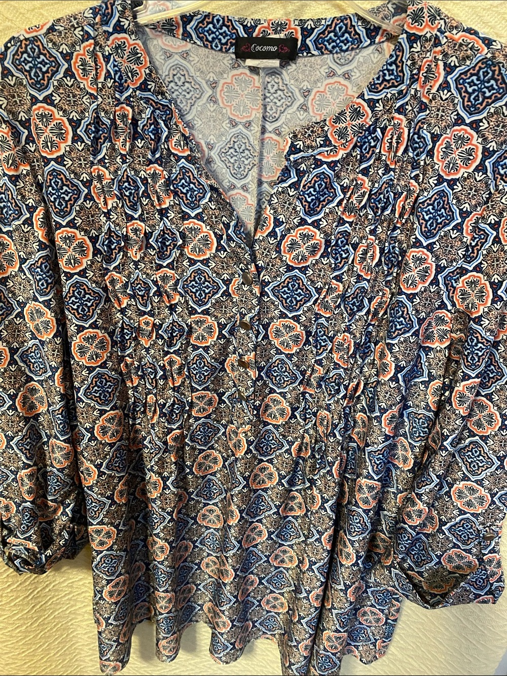 Cocomo Navy Blue and Coral Tile-Print V-Neck Blouse